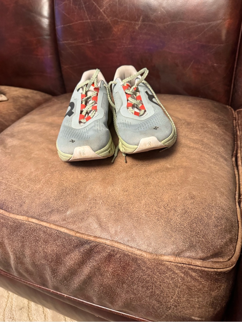 ON Running Shoes. Grey/Green with Orange Accent. Cloudmonster.
